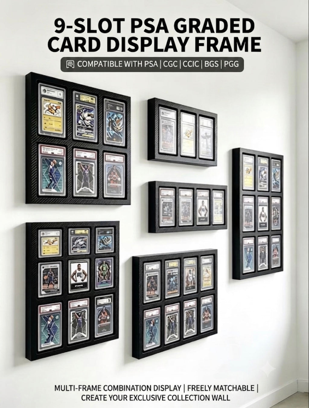 Graded Card Wall Display Frame for PSA / CGC Slabs | Carbon-Fiber TCG Grid Showcase