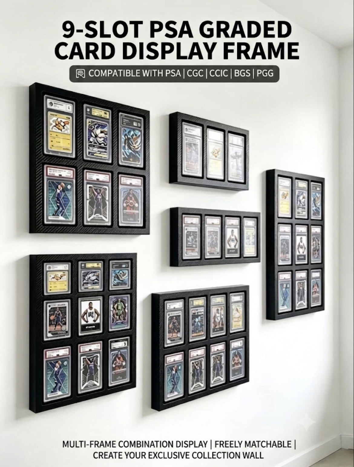 Graded Card Wall Display Frame for PSA / CGC Slabs | Carbon-Fiber TCG Grid Showcase